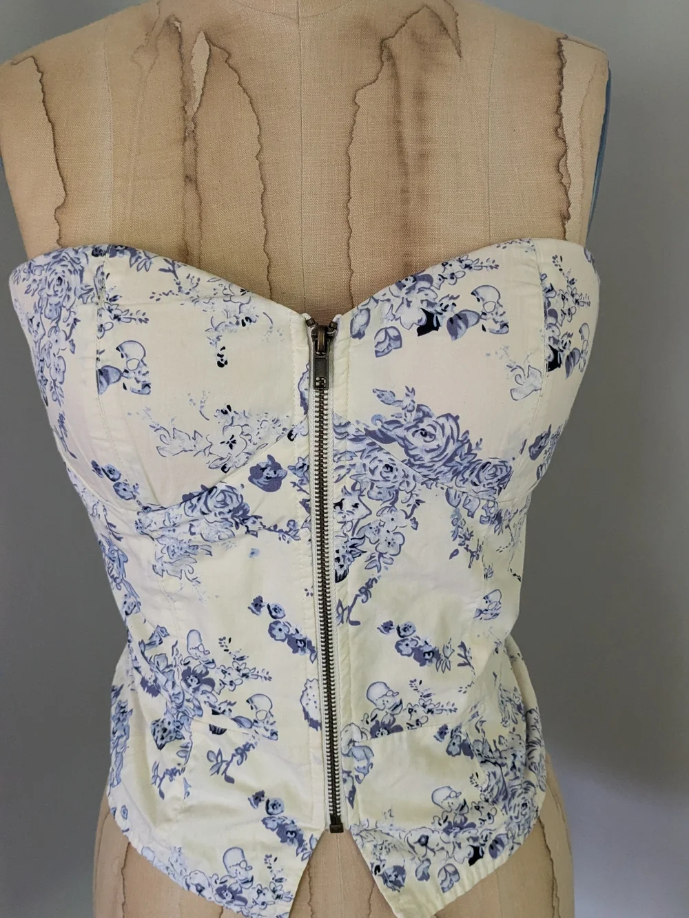Floral Strapless Zip-Front Bustier Top - Blue on Cream